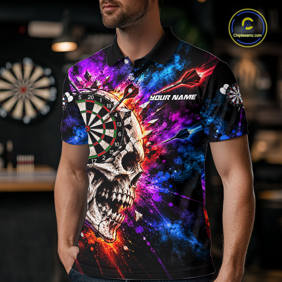 Colorful Splash Skull Darts Polo 1/4-Zip Shirt For Men Personalized Dart Player Match Jersey NHT1649