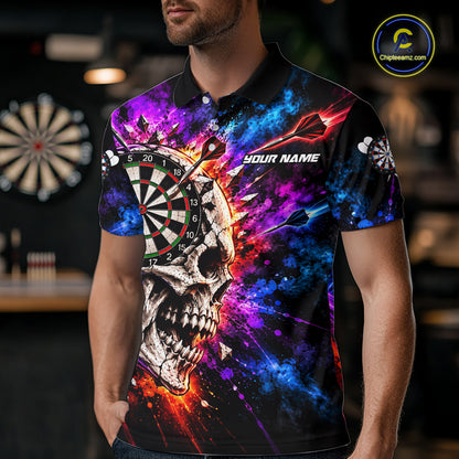 Colorful Splash Skull Darts Polo 1/4-Zip Shirt For Men Personalized Dart Player Match Jersey NHT1649