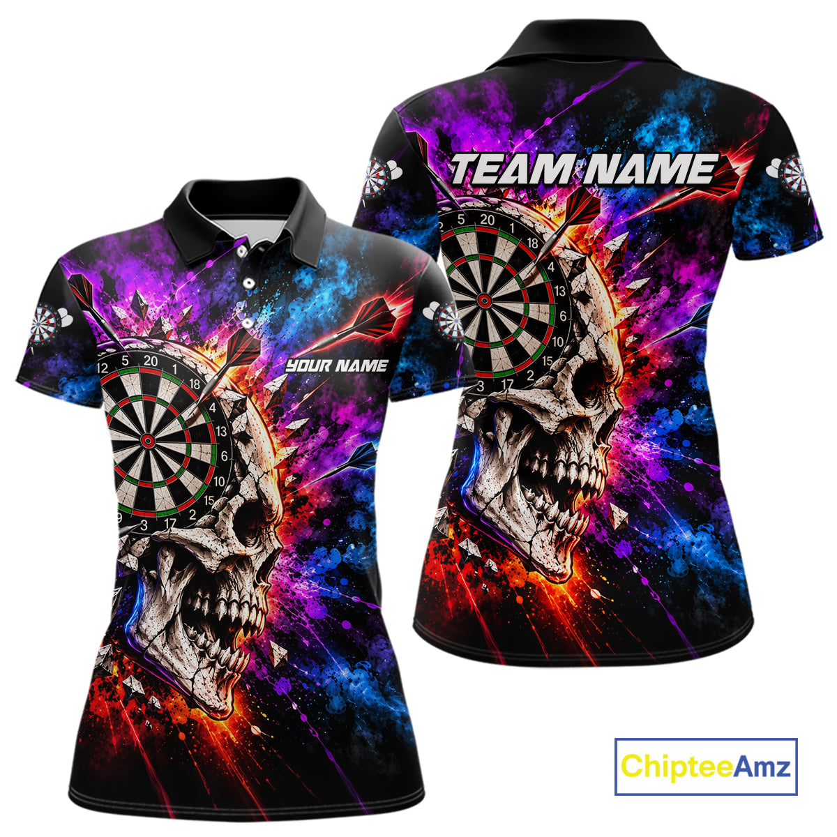 Colorful Splash Skull Darts Polo 1/4-Zip Shirt For Women Personalized Dart Player Match Jersey NHT1649