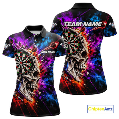 Colorful Splash Skull Darts Polo 1/4-Zip Shirt For Women Personalized Dart Player Match Jersey NHT1649