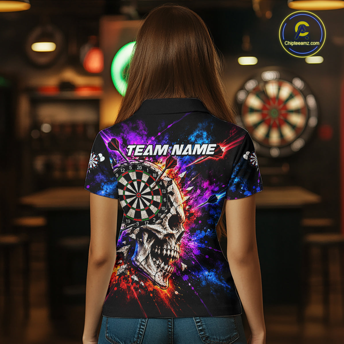 Colorful Splash Skull Darts Polo 1/4-Zip Shirt For Women Personalized Dart Player Match Jersey NHT1649