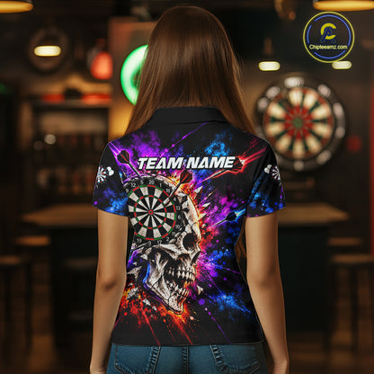 Colorful Splash Skull Darts Polo 1/4-Zip Shirt For Women Personalized Dart Player Match Jersey NHT1649