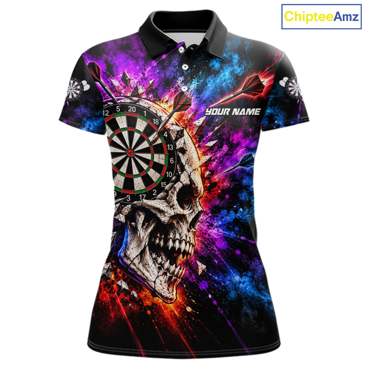 Colorful Splash Skull Darts Polo 1/4-Zip Shirt For Women Personalized Dart Player Match Jersey NHT1649