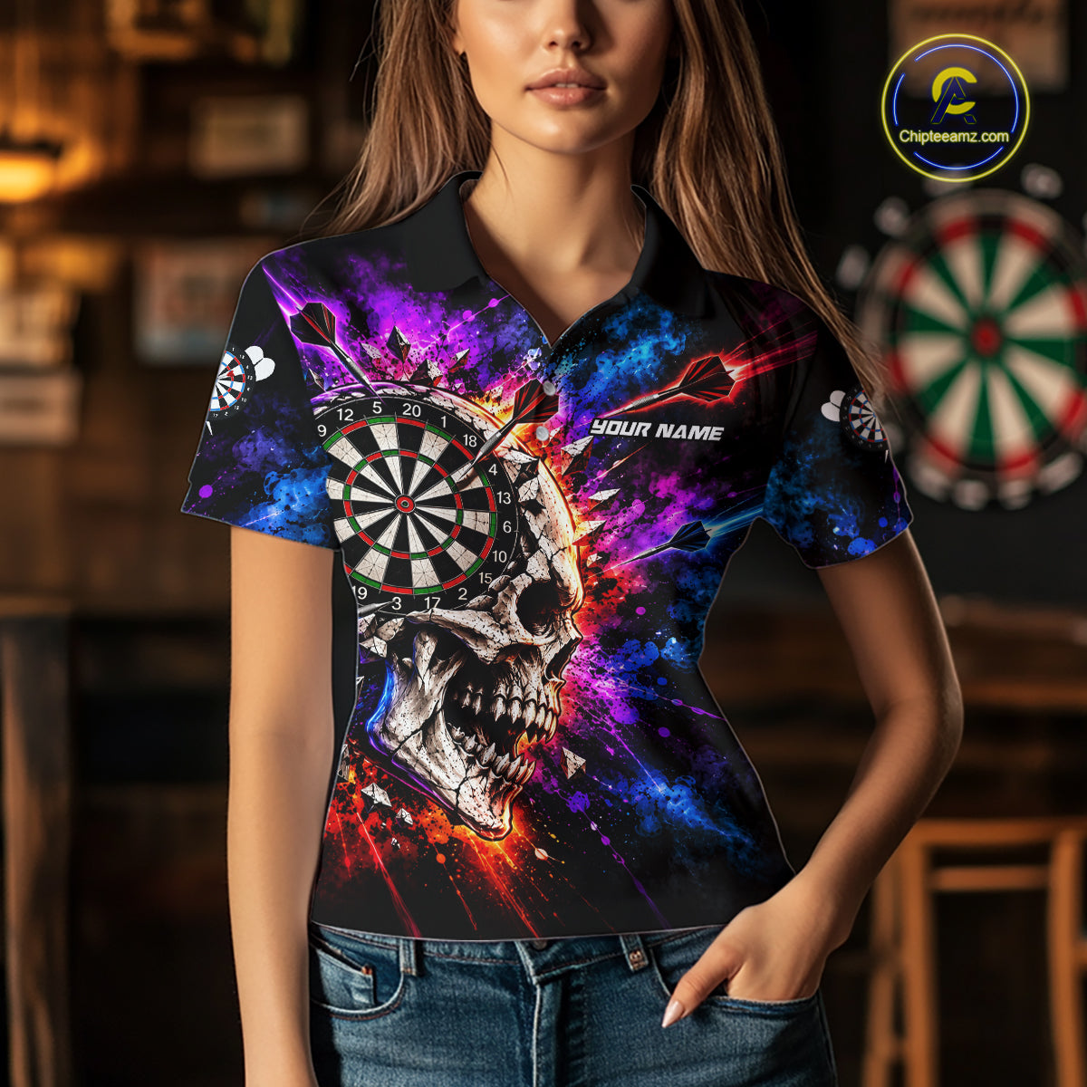 Colorful Splash Skull Darts Polo 1/4-Zip Shirt For Women Personalized Dart Player Match Jersey NHT1649