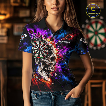 Colorful Splash Skull Darts Polo 1/4-Zip Shirt For Women Personalized Dart Player Match Jersey NHT1649