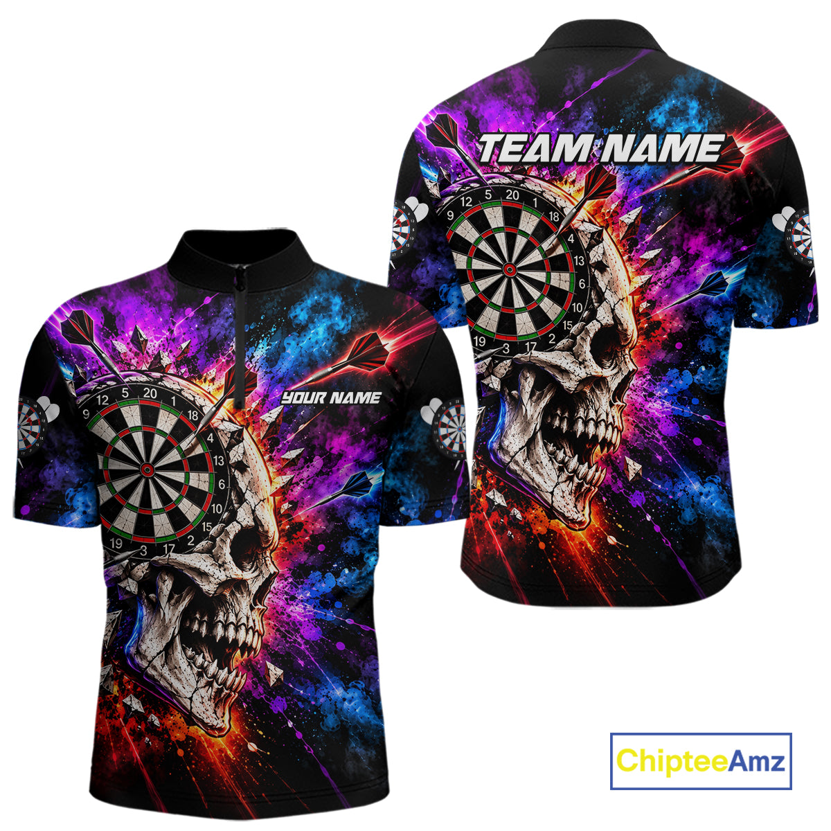 Colorful Splash Skull Darts Polo 1/4-Zip Shirt For Men Personalized Dart Player Match Jersey NHT1649