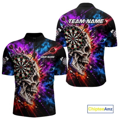 Colorful Splash Skull Darts Polo 1/4-Zip Shirt For Men Personalized Dart Player Match Jersey NHT1649