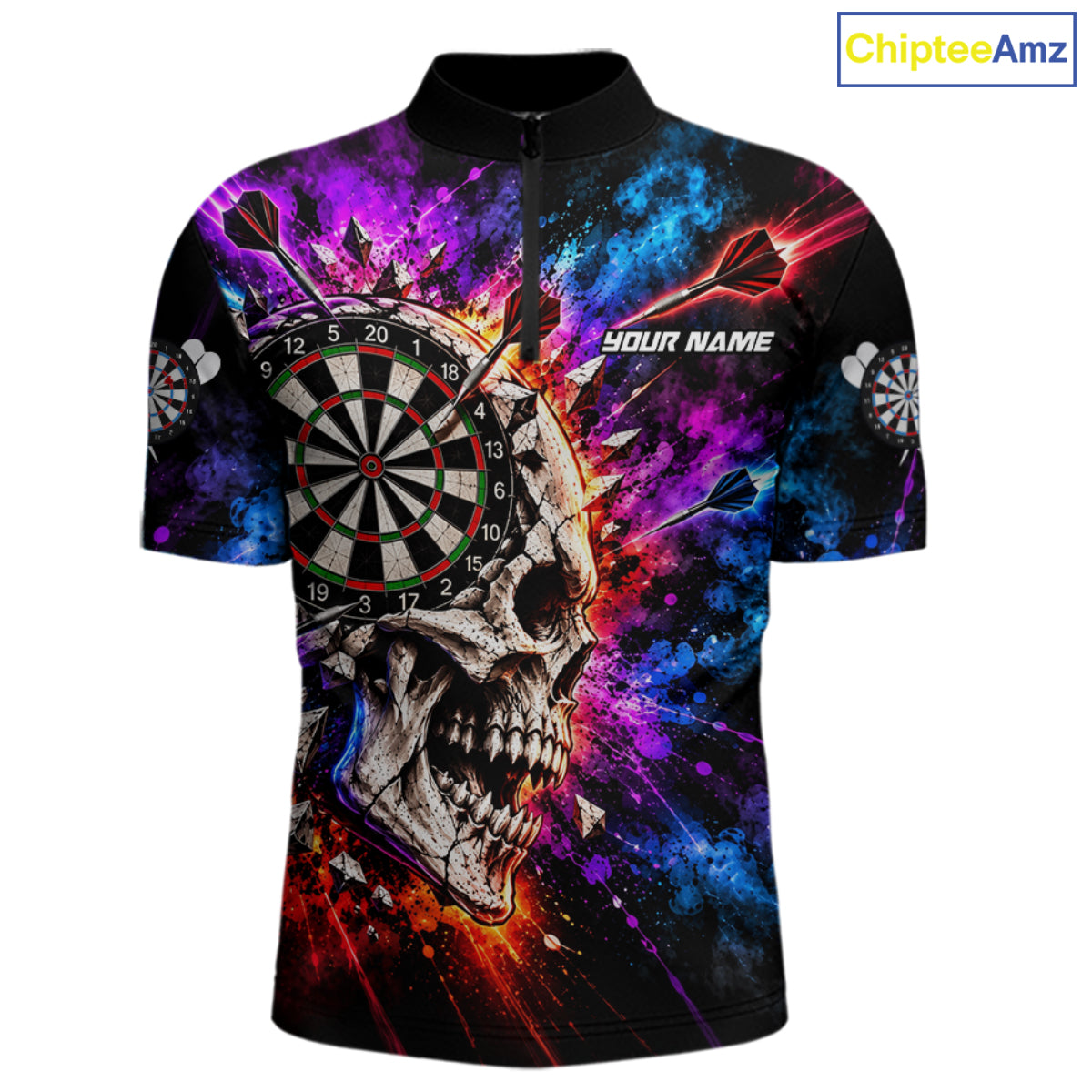 Colorful Splash Skull Darts Polo 1/4-Zip Shirt For Men Personalized Dart Player Match Jersey NHT1649
