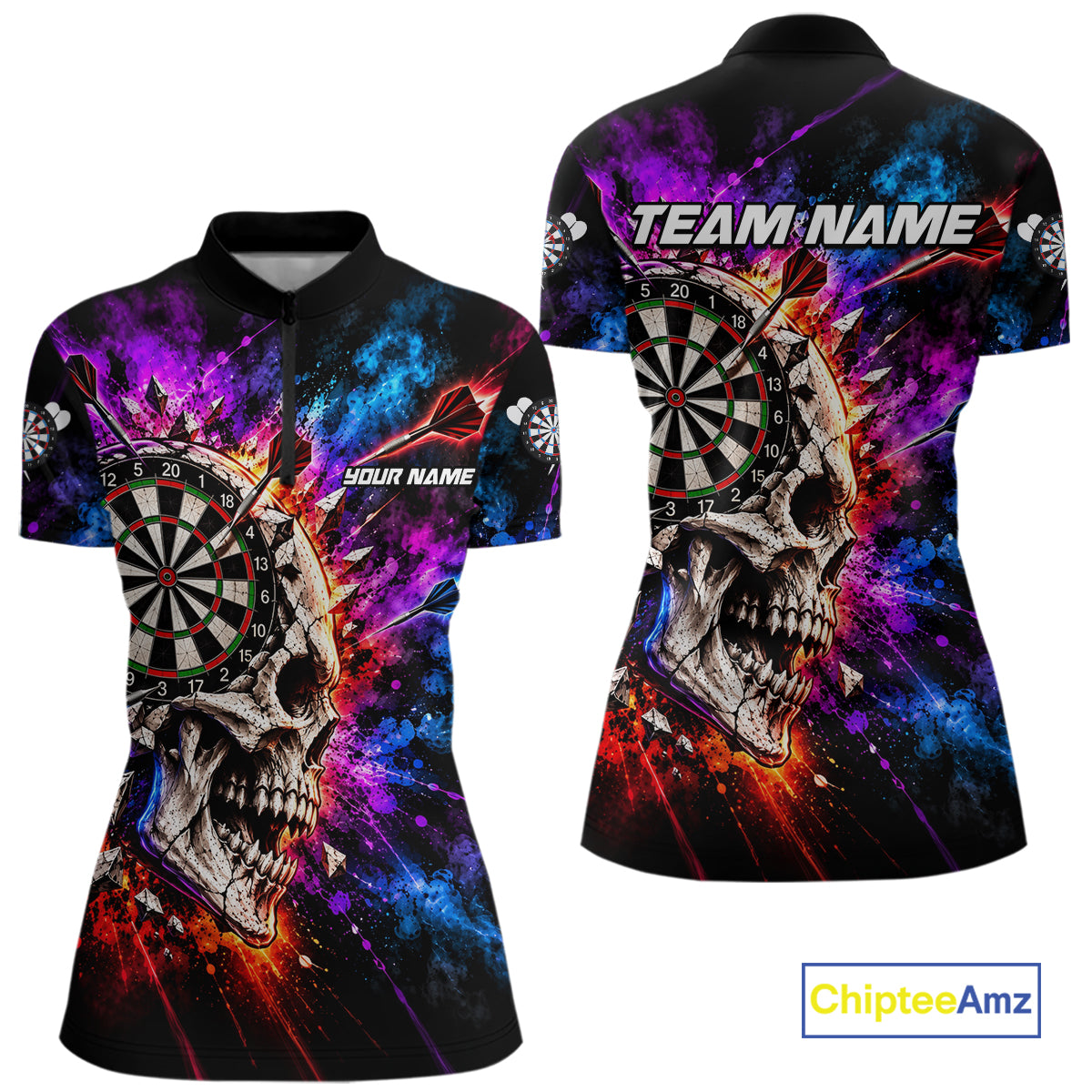 Colorful Splash Skull Darts Polo 1/4-Zip Shirt For Women Personalized Dart Player Match Jersey NHT1649