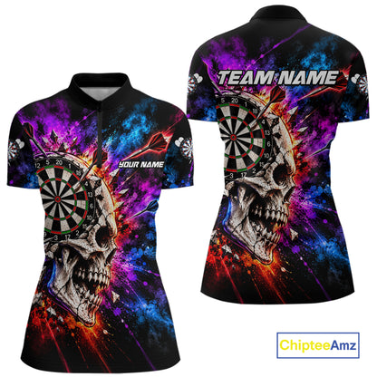 Colorful Splash Skull Darts Polo 1/4-Zip Shirt For Women Personalized Dart Player Match Jersey NHT1649