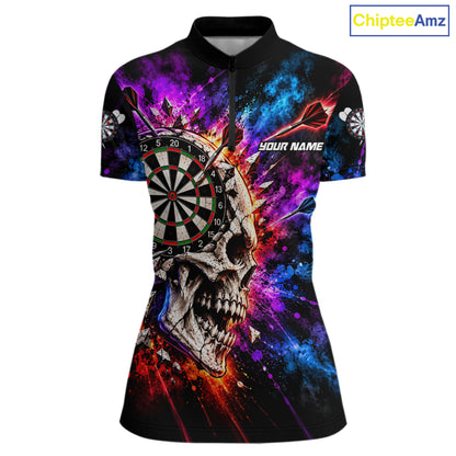 Colorful Splash Skull Darts Polo 1/4-Zip Shirt For Women Personalized Dart Player Match Jersey NHT1649