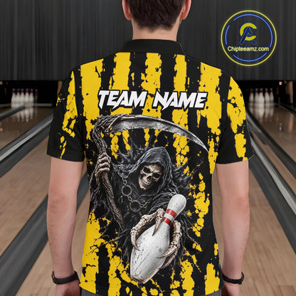 Grim Reaper Bowling Ball Pins Polo Shirt For Men Custom Yellow Black Team Tournament Jersey NHT1659