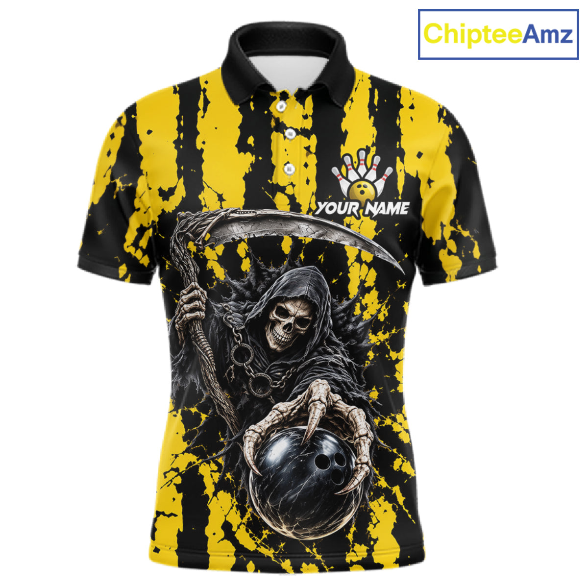Grim Reaper Bowling Ball Pins Polo Shirt For Men Custom Yellow Black Team Tournament Jersey NHT1659
