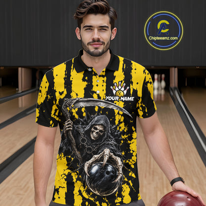 Grim Reaper Bowling Ball Pins Polo Shirt For Men Custom Yellow Black Team Tournament Jersey NHT1659