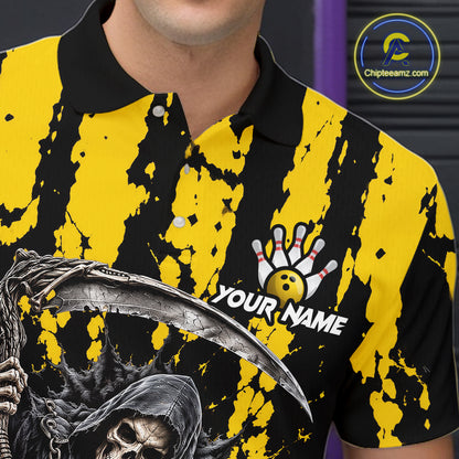 Grim Reaper Bowling Ball Pins Polo Shirt For Men Custom Yellow Black Team Tournament Jersey NHT1659