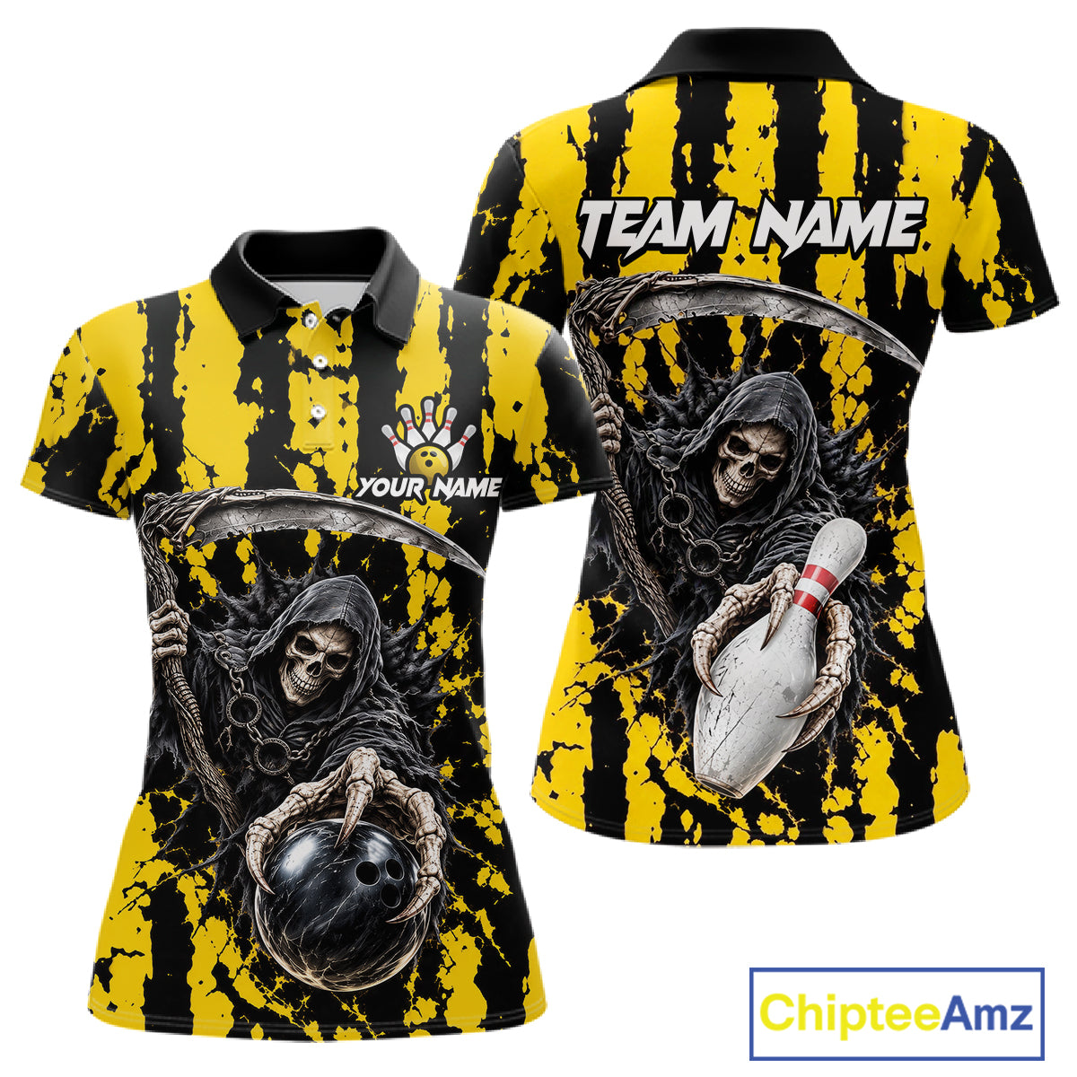 Grim Reaper Bowling Ball Pins Polo Shirt For Women Custom Yellow Black Team Tournament Jersey NHT1659