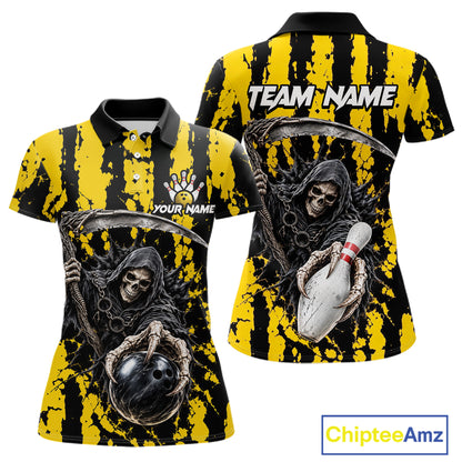 Grim Reaper Bowling Ball Pins Polo Shirt For Women Custom Yellow Black Team Tournament Jersey NHT1659