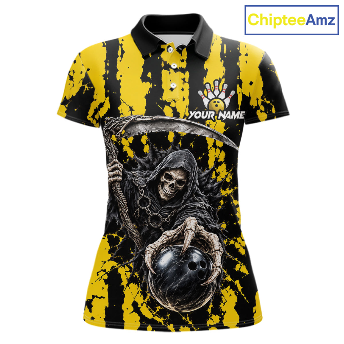 Grim Reaper Bowling Ball Pins Polo Shirt For Women Custom Yellow Black Team Tournament Jersey NHT1659