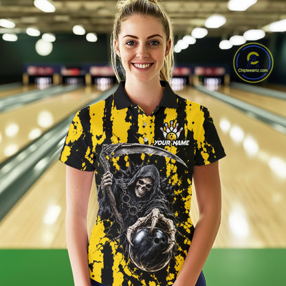 Grim Reaper Bowling Ball Pins Polo Shirt For Women Custom Yellow Black Team Tournament Jersey NHT1659