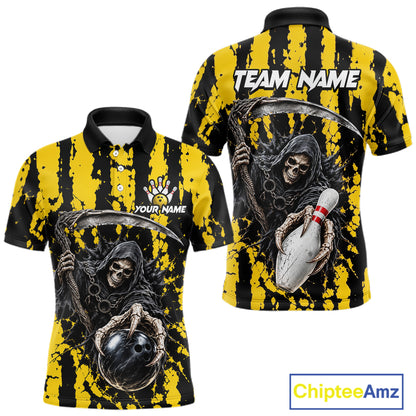 Grim Reaper Bowling Ball Pins Polo Shirt For Men Custom Yellow Black Team Tournament Jersey NHT1659