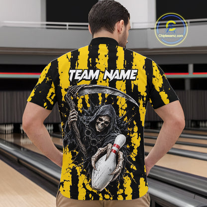 Grim Reaper Bowling Ball Pins Polo Shirt For Men Custom Yellow Black Team Tournament Jersey NHT1659