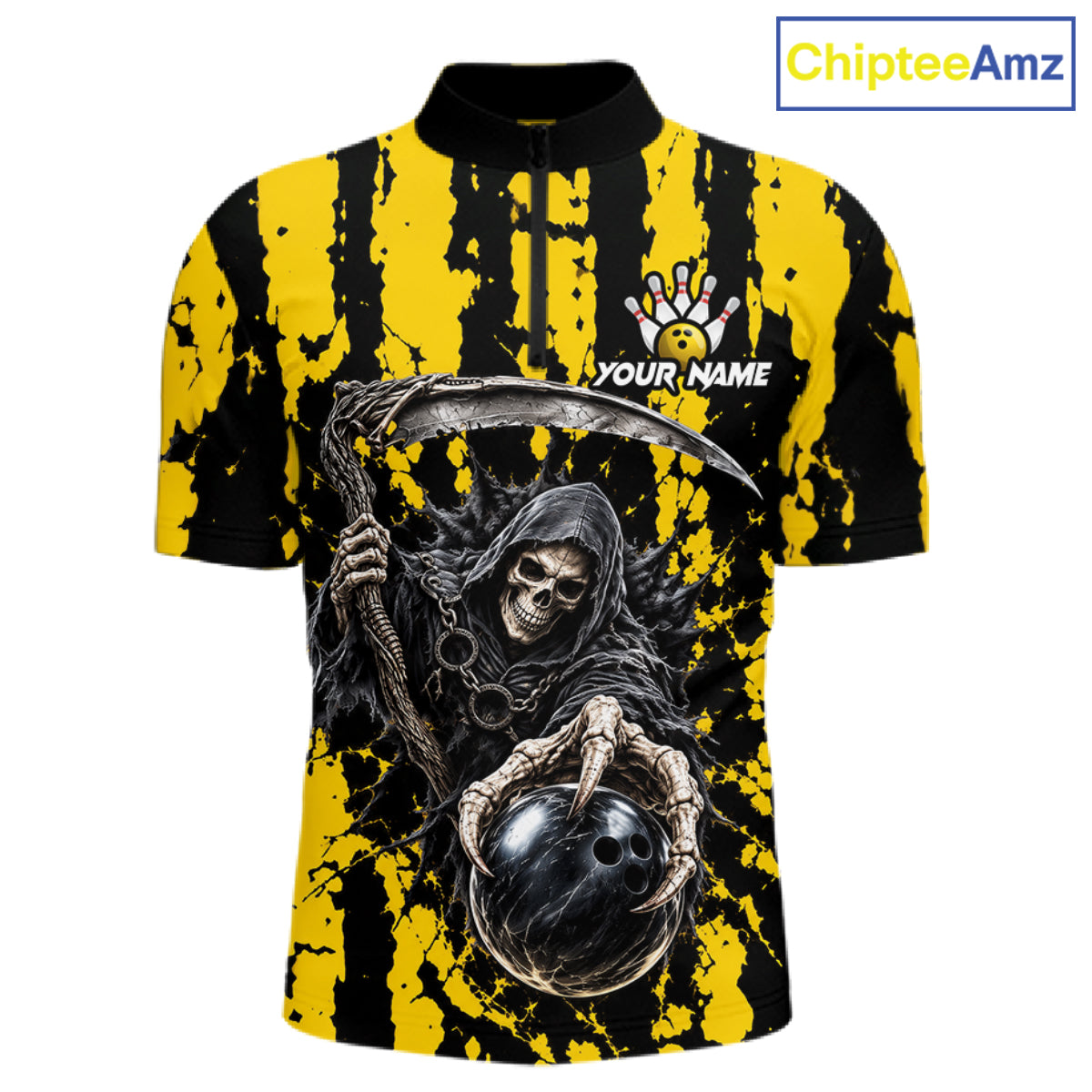 Grim Reaper Bowling Ball Pins Polo Shirt For Men Custom Yellow Black Team Tournament Jersey NHT1659