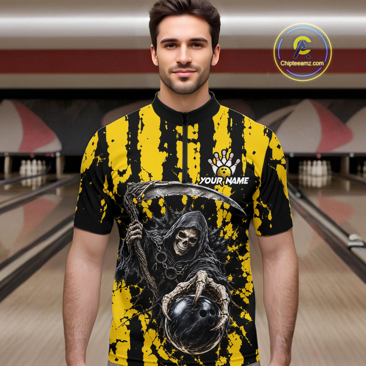 Grim Reaper Bowling Ball Pins Polo Shirt For Men Custom Yellow Black Team Tournament Jersey NHT1659