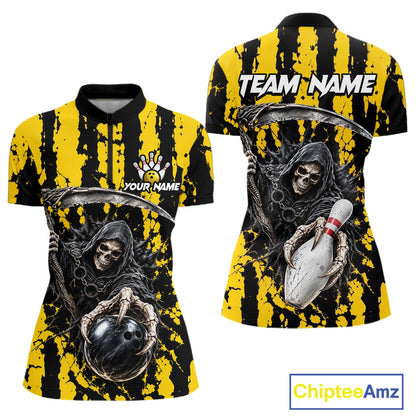 Grim Reaper Bowling Ball Pins Polo Shirt For Women Custom Yellow Black Team Tournament Jersey NHT1659