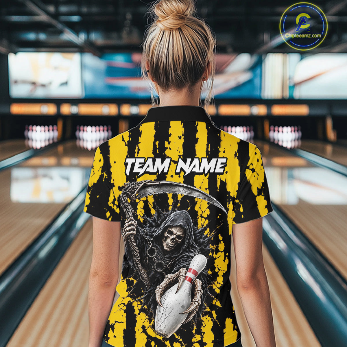 Grim Reaper Bowling Ball Pins Polo Shirt For Women Custom Yellow Black Team Tournament Jersey NHT1659