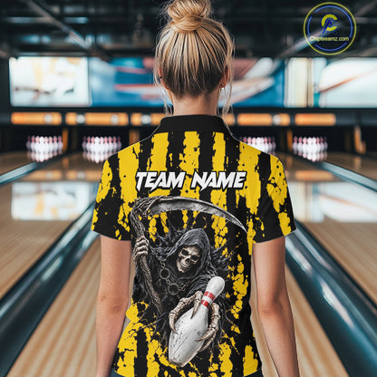 Grim Reaper Bowling Ball Pins Polo Shirt For Women Custom Yellow Black Team Tournament Jersey NHT1659
