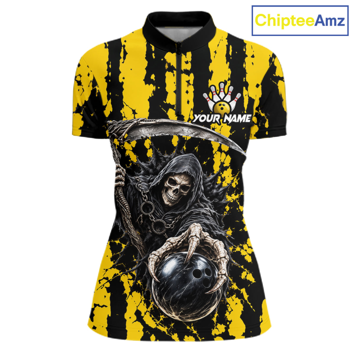 Grim Reaper Bowling Ball Pins Polo Shirt For Women Custom Yellow Black Team Tournament Jersey NHT1659