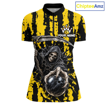 Grim Reaper Bowling Ball Pins Polo Shirt For Women Custom Yellow Black Team Tournament Jersey NHT1659
