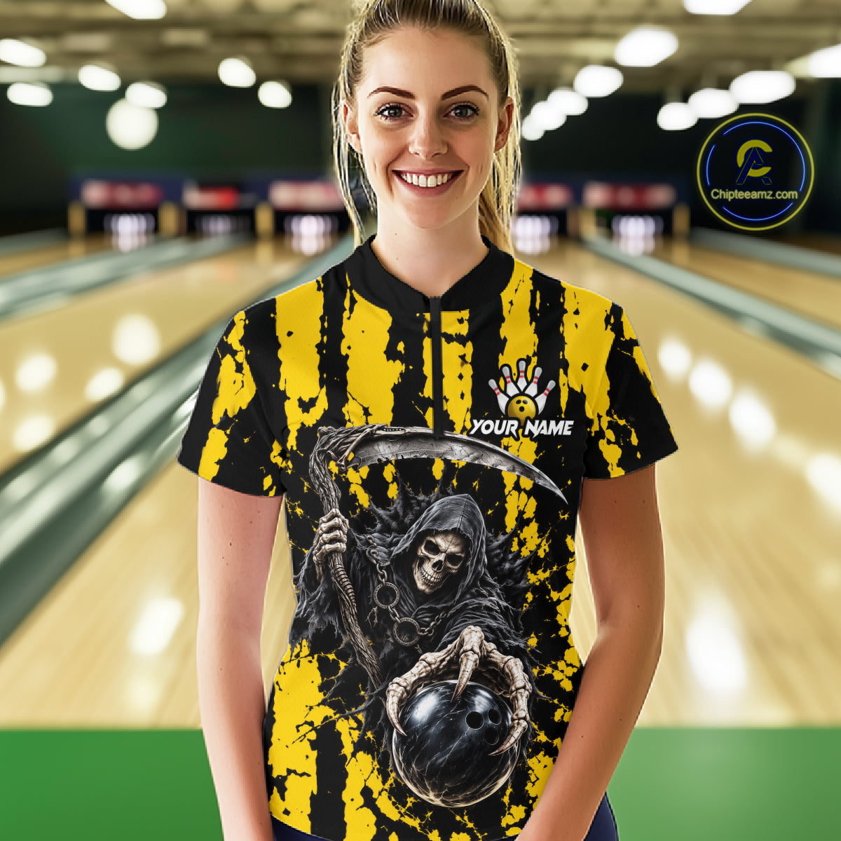 Grim Reaper Bowling Ball Pins Polo Shirt For Women Custom Yellow Black Team Tournament Jersey NHT1659