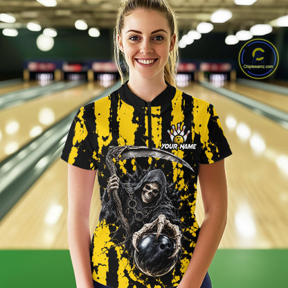 Grim Reaper Bowling Ball Pins Polo Shirt For Women Custom Yellow Black Team Tournament Jersey NHT1659