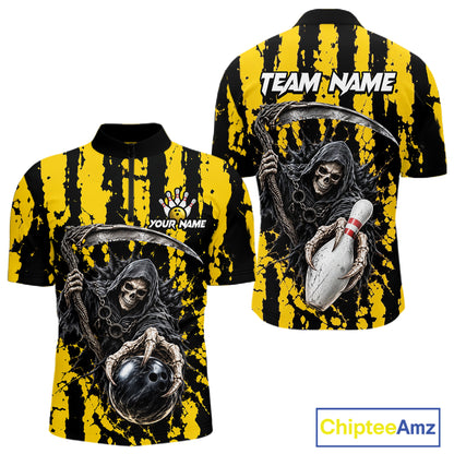 Grim Reaper Bowling Ball Pins Polo Shirt For Men Custom Yellow Black Team Tournament Jersey NHT1659
