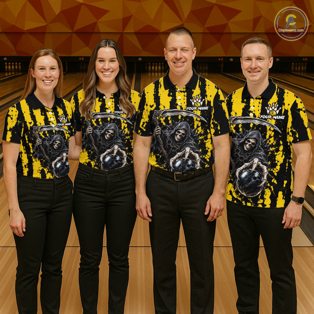 Grim Reaper Bowling Ball Pins Polo Shirt For Women Custom Yellow Black Team Tournament Jersey NHT1659