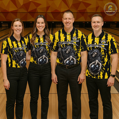 Grim Reaper Bowling Ball Pins Polo Shirt For Men Custom Yellow Black Team Tournament Jersey NHT1659