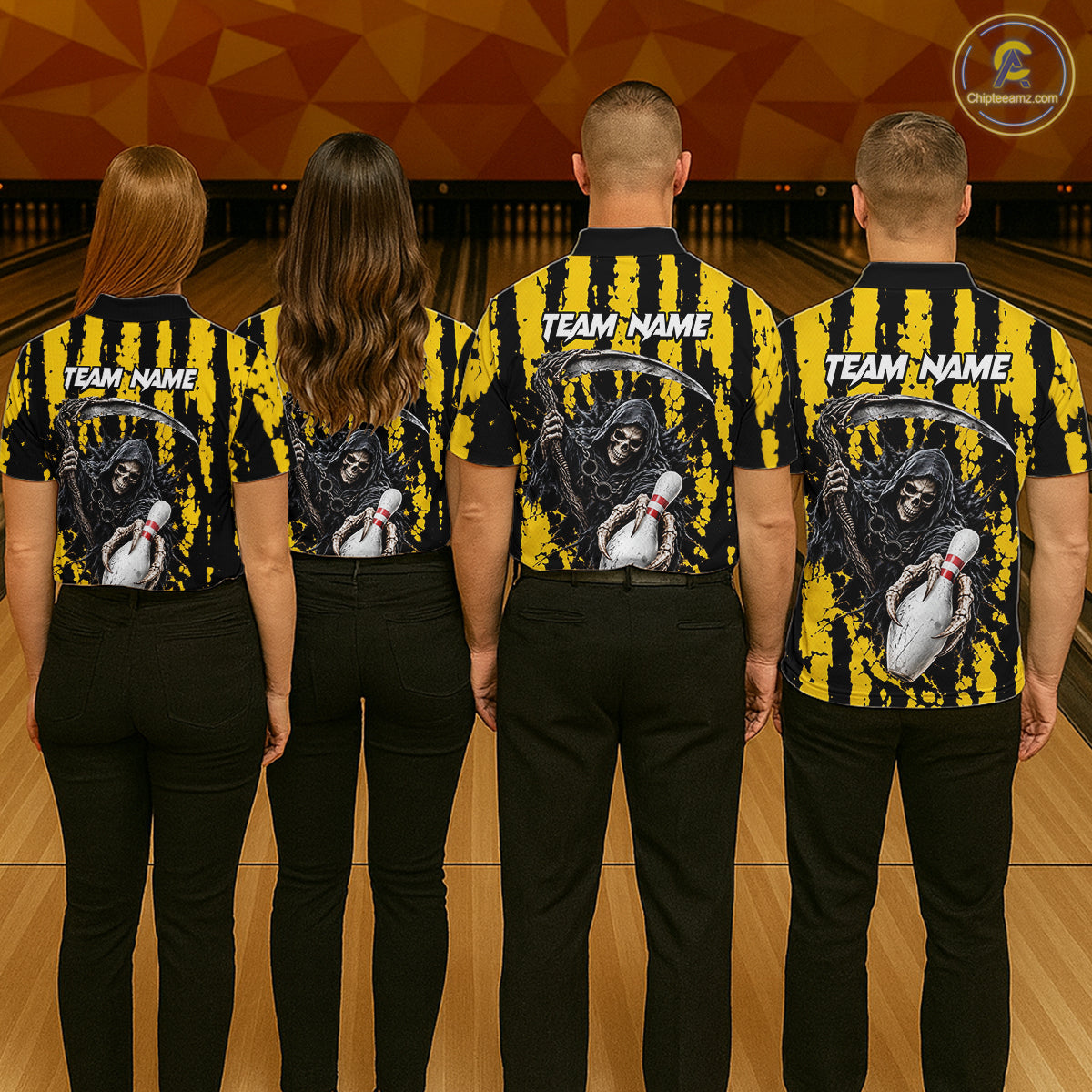 Grim Reaper Bowling Ball Pins Polo Shirt For Women Custom Yellow Black Team Tournament Jersey NHT1659