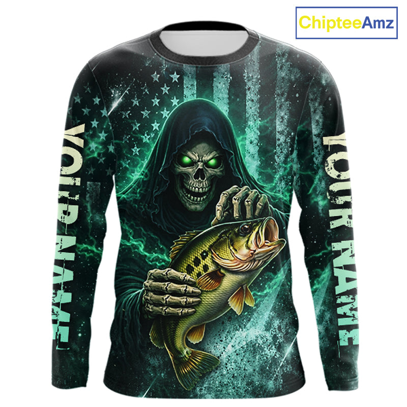 Custom Team Name Grim Reaper Bass Fishing With American Flag - Patriotic Bass Fishing Jersey NHT515