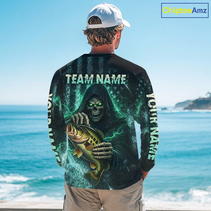 Custom Team Name Grim Reaper Bass Fishing With American Flag - Patriotic Bass Fishing Jersey NHT515