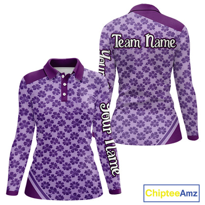 Custom Womens Purple Floral Golf Polo, Personalized Violet Flower Golf Shirt With Name NHT696