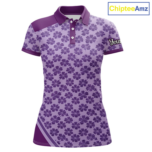 Custom Womens Purple Floral Golf Polo, Personalized Violet Flower Golf Shirt With Name NHT696