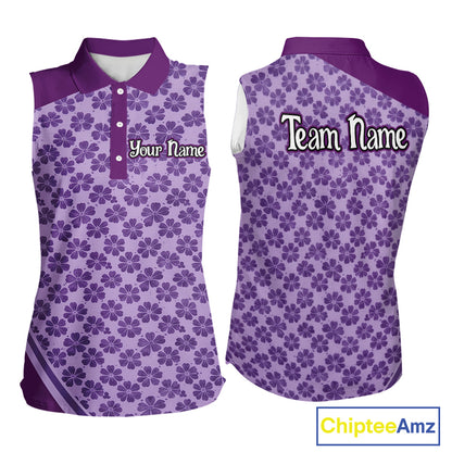 Custom Womens Sleeveless Purple Floral Golf Polo, Personalized Violet Flower Golf Shirt With Name NHT696