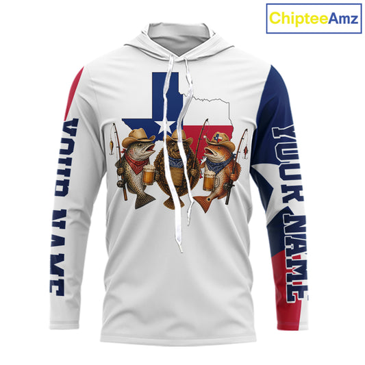 Funny Cowboy Trout, Flounder, Redfish Texas Flag Long Sleeve Hooded  Fishing Shirts Apparel