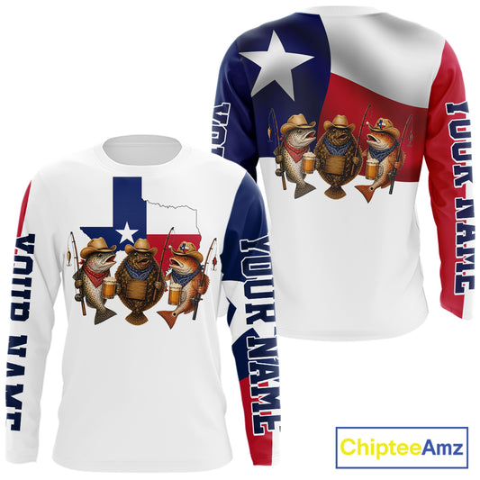 Funny Cowboy Trout, Flounder, Redfish Texas Flag Long Sleeve Fishing Shirts Apparel|White