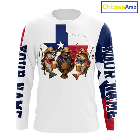 Funny Cowboy Trout, Flounder, Redfish Texas Flag Long Sleeve Fishing Shirts Apparel|White