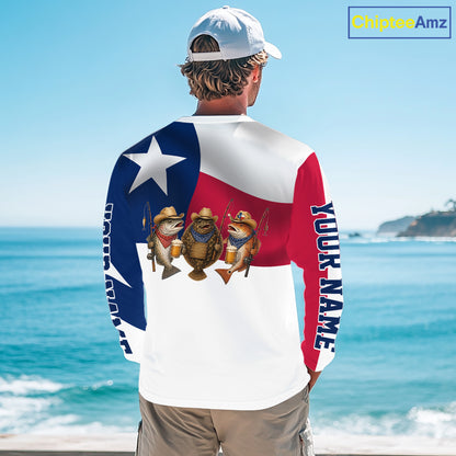 Funny Cowboy Trout, Flounder, Redfish Texas Flag Long Sleeve Fishing Shirts Apparel|White