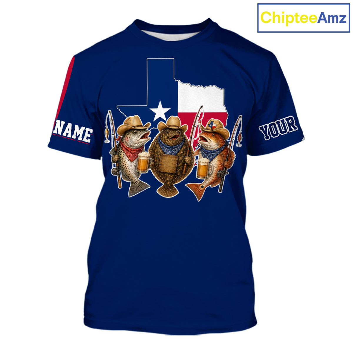 Funny Cowboy Trout, Flounder, Redfish Texas Flag Fishing T-Shirt  Apparel|Blue 