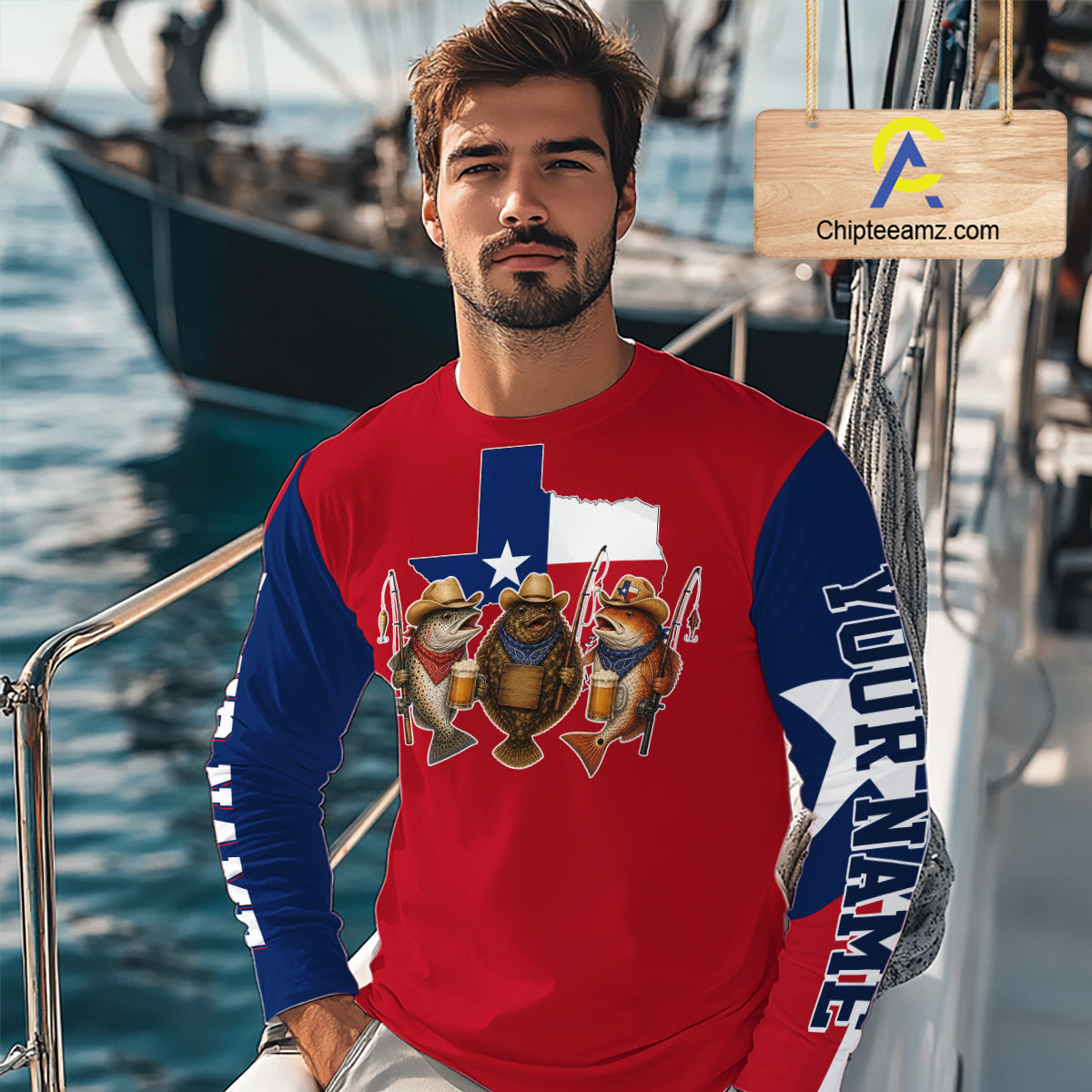 Funny Cowboy Trout, Flounder, Redfish Texas Flag Long Sleeve Fishing Shirts Apparel|Red