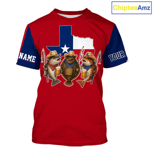 Funny Cowboy Trout, Flounder, Redfish Texas Flag Fishing T-Shirt Apparel|Red NHT1030